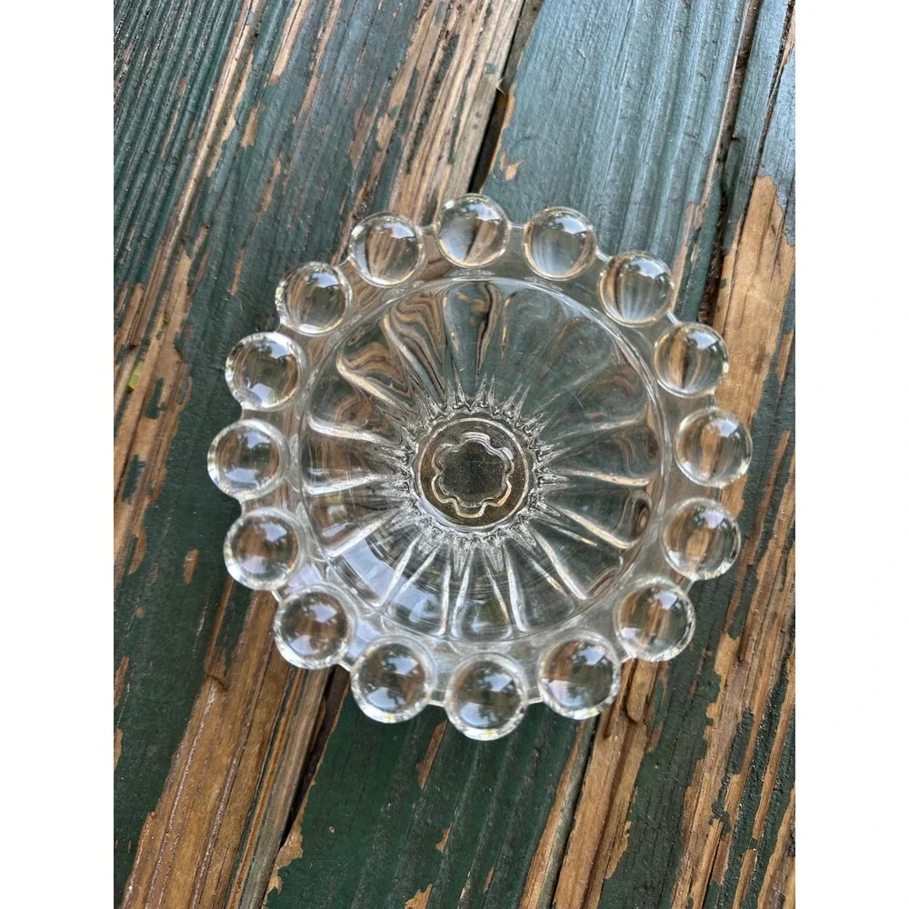 Vintage Clear Pressed Glass Beaded Rim Taper Candle Holder Boopie Style 4 Inch